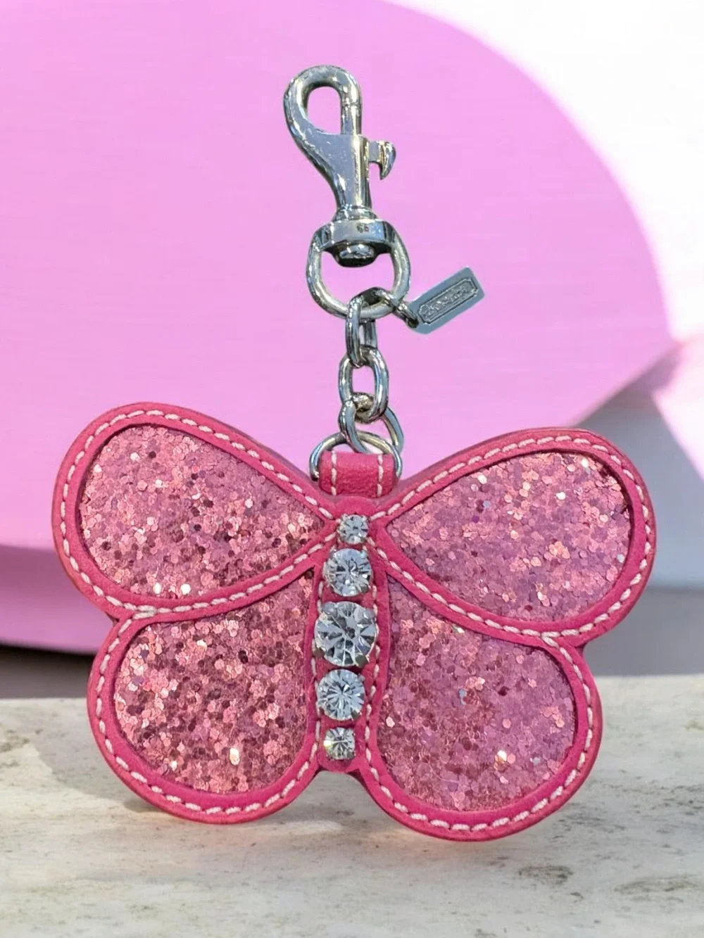 **RARE** Coach Pink Leather Glitter Butterfly Keychain Fob Bag Charm.